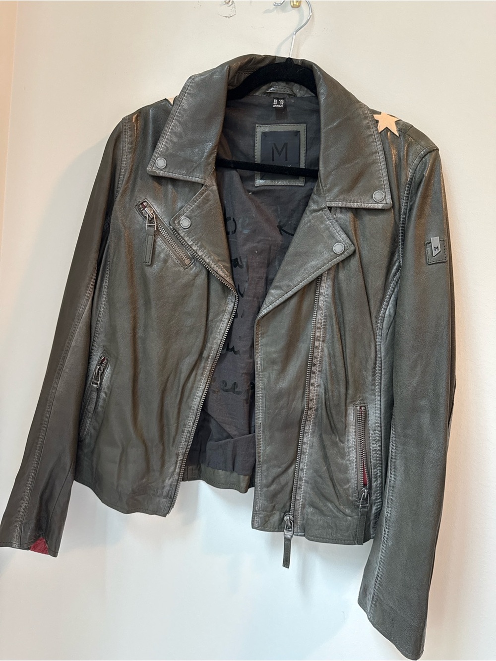 Leather Star-Accent Gray Moto Leather Jacket - Mauritius size XXL